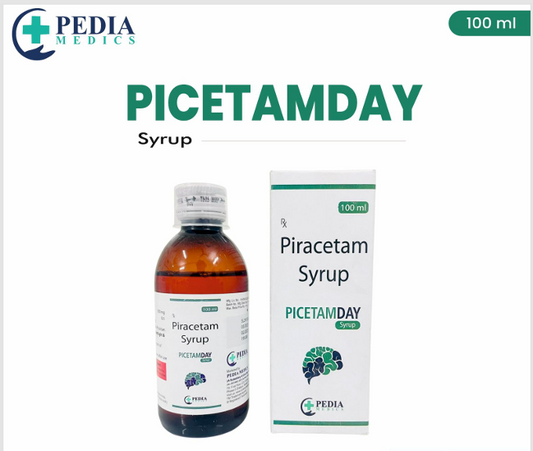 Piracetam syrup bottle and packaging with Pedia Medicis branding on a white background