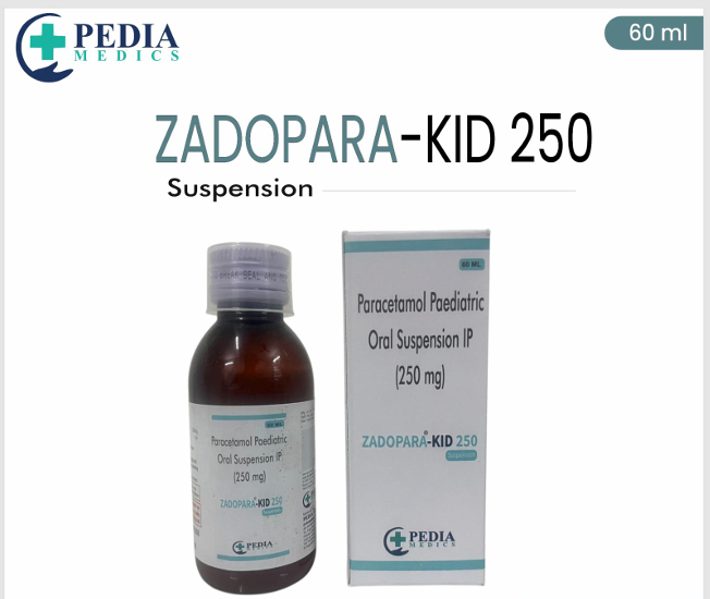 Zadopara-Kid 250 suspension bottle and packaging with Pedia Medics branding.