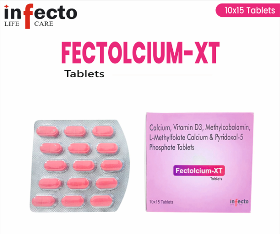 Fectolcium-XT tablets packaging with blister pack and box on a white background