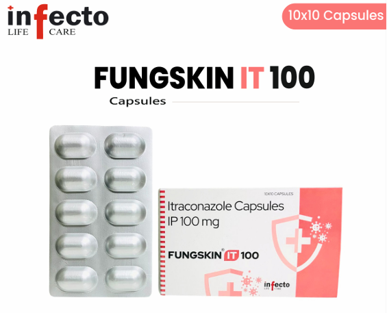 Fungskin IT 100 capsules packaging with blister pack and box on a white background
