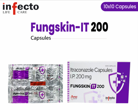 Fungskin-IT 200 capsules packaging with infecto branding on a white background